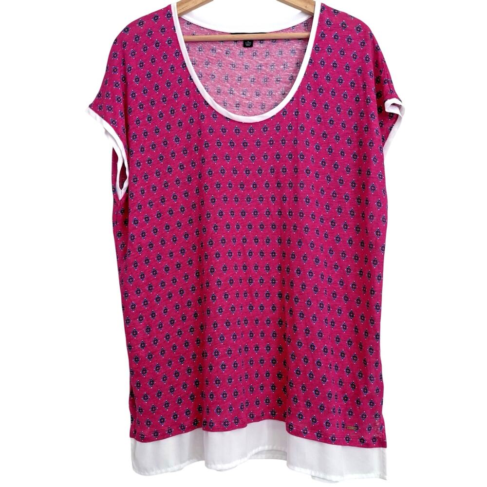 Tommy Hilfiger Linen Jersey Knit Layered Hem Tunic Pink White Boho Medallion XL